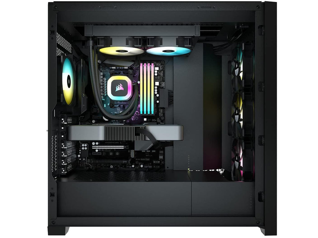 Corsair H100 RGB 240mm CPU Cooler, 2X 120mm CORSAIR SP RGB ELITE PWM fans, 29 Total individually addressable RGB LEDs, fan speeds running up to 1,500 RPM, 240mm radiator