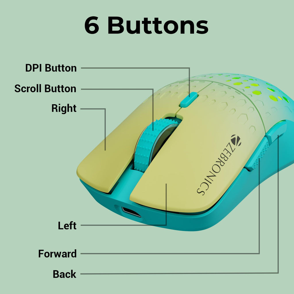 ZEBRONICS MARINE Wireless Mouse with Rechargeable Battery, BT + 2.4GHz, 6 Buttons, 4 DPI, 1000/1600/2400/3200, Comfortable & Ergonomic Design, Multicolor LED lights (Green)