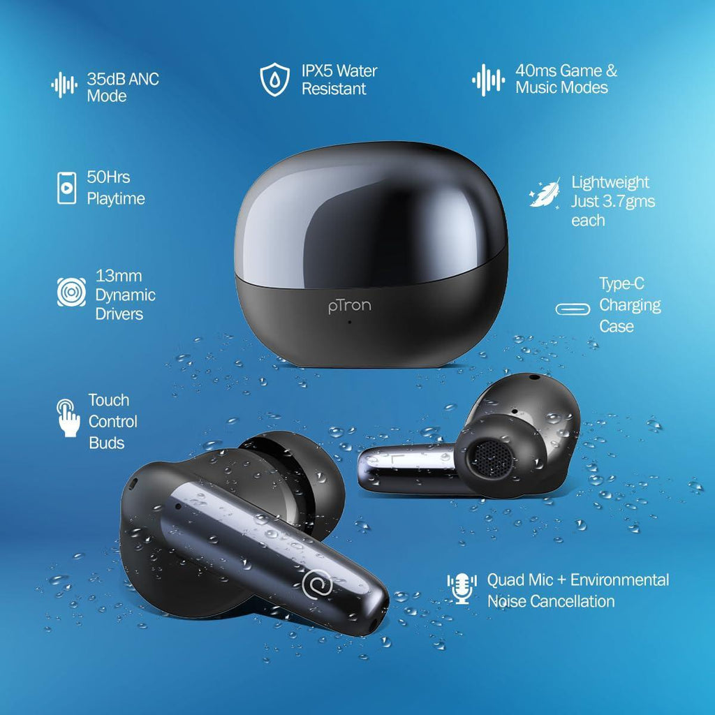 pTron Newly Launched Zenbuds Ultima ANC Earbuds, 35dB Active Noise Cancellation TWS, Transparency Mode, Quad Mic TruTalk ENC Calls, 50Hrs Playtime & in-Ear Bluetooth 5.3 Wireless Headphones (Black) - Triveni World