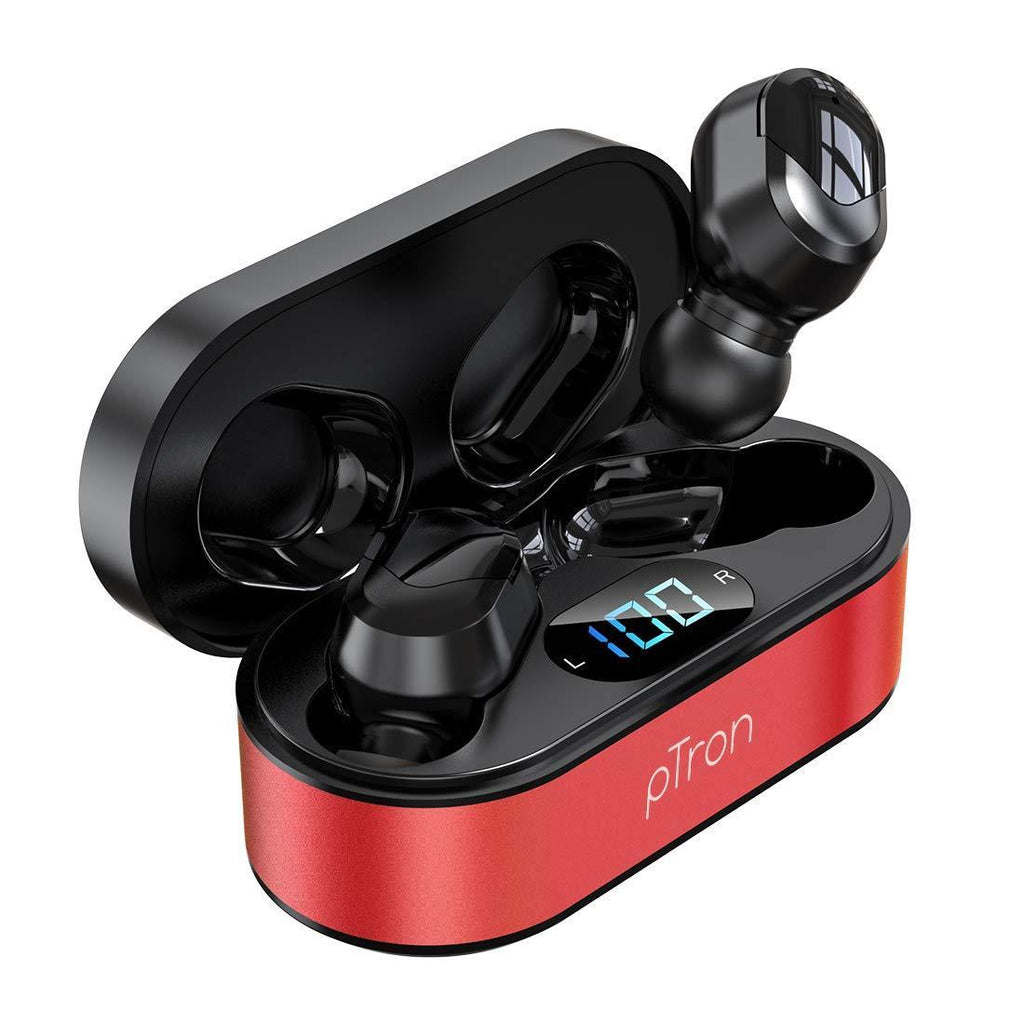 pTron Bassbuds Plus in Ear True Wireless Stereo Earbuds with Mic, Deep Bass Bluetooth Headphones, Voice Assistance, IPX4 Sweat & Water Resistant TWS, 12Hrs Battery & Fast Charge (Red & Black) - Triveni World