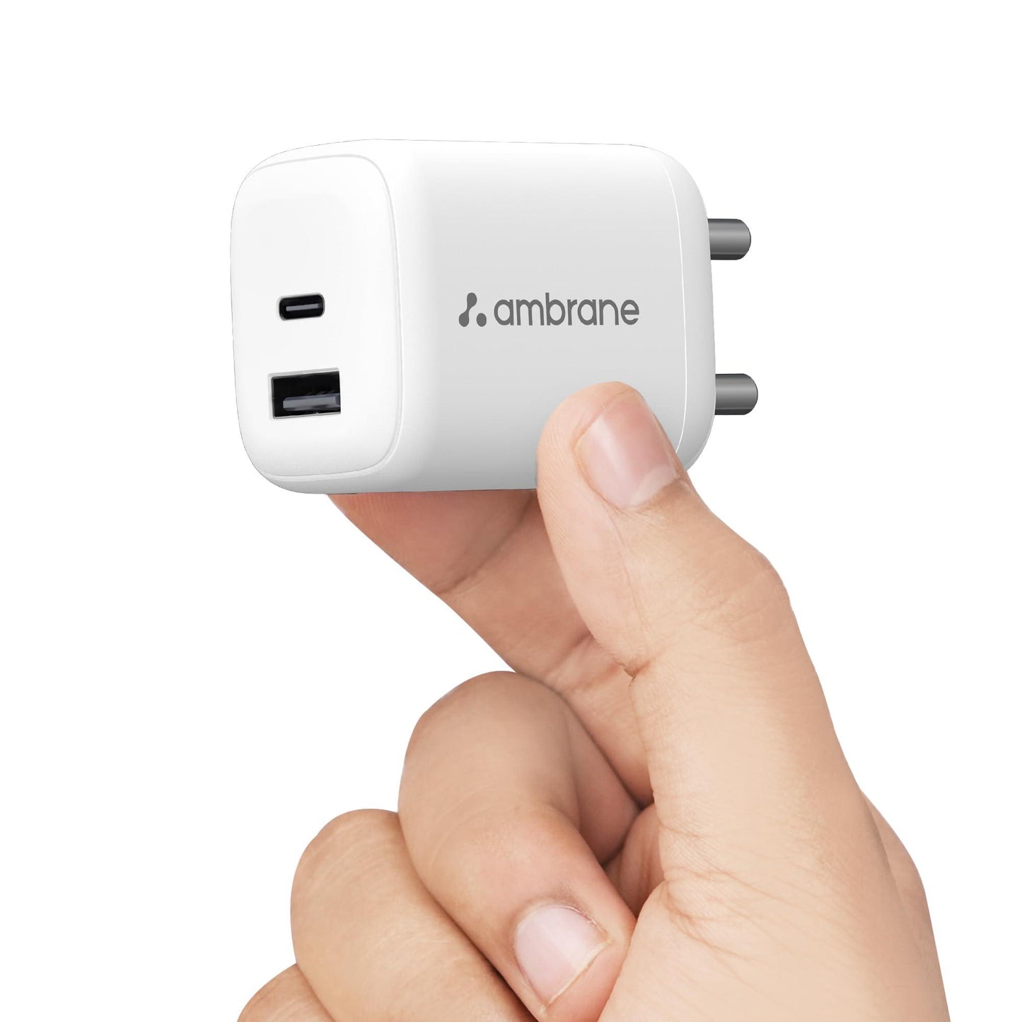 Ambrane 45W Dual Port GaN Charger, USB & Type C Port with QC & PD Technology Compatible with MacBook & Type-C Laptop Charging, iPhone, iPad, Samsung, Redmi, Mi, Oneplus, Oppo, Vivo (Charge 45, White)