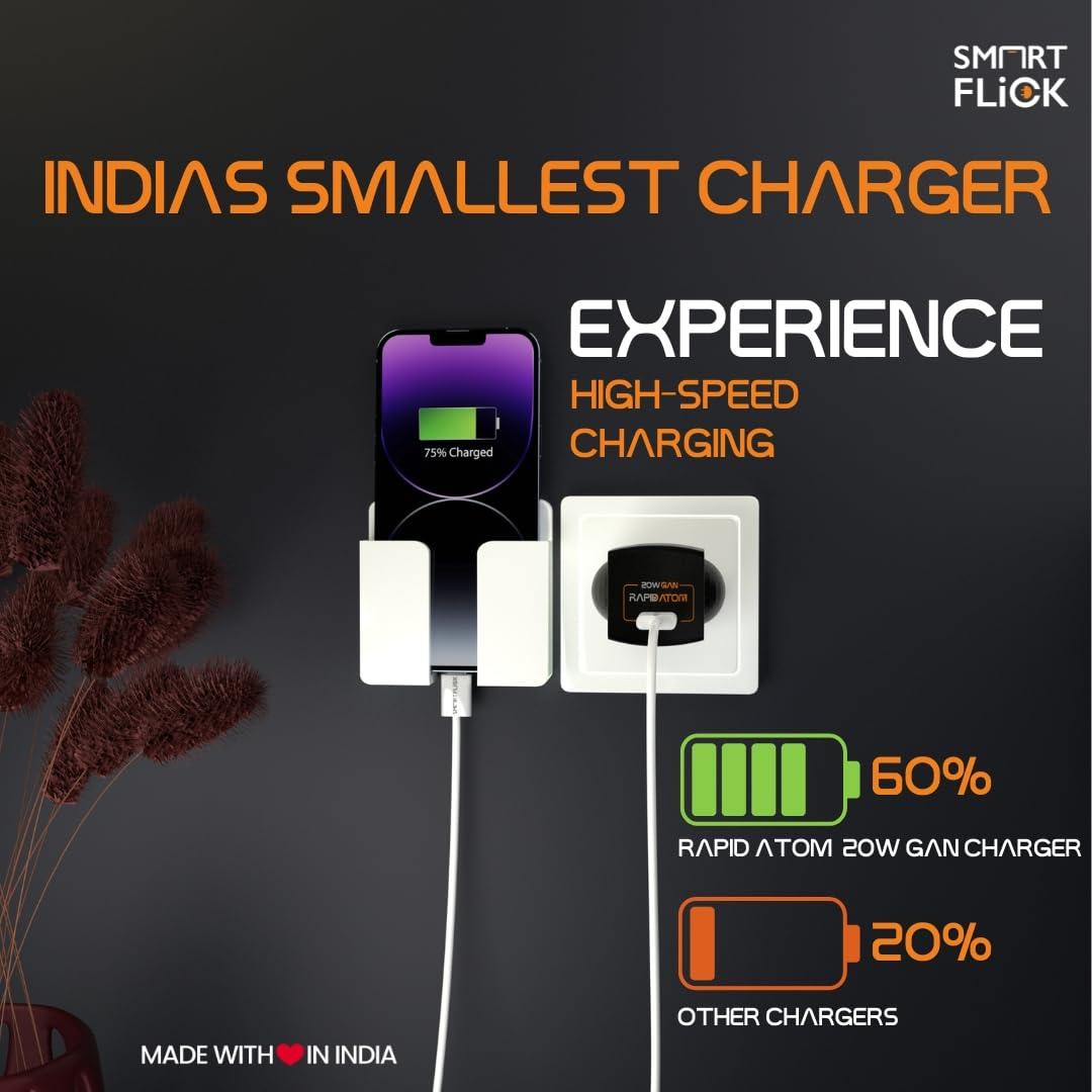 Smart Flick Rapid Atom India's Smallest 20W GaN Wall Charger with Type C PD & PPS Support, Fast Charging Output Port, Compatible with iPhone 15/14/13/12/Pro/Max Series, Type C Enabled Devices (Black)