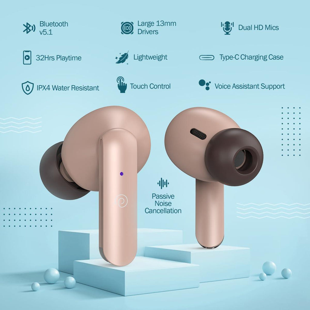 pTron Bassbuds Duo in-Ear Wireless Earbuds with Immersive Sound,32Hrs Playtime,Clear Calls TWS Earbuds,Bluetooth V5.1 Headphone,Type-C Fast Charging,Voice Assistant&Ipx4 Water Resistant (Brown) - Triveni World