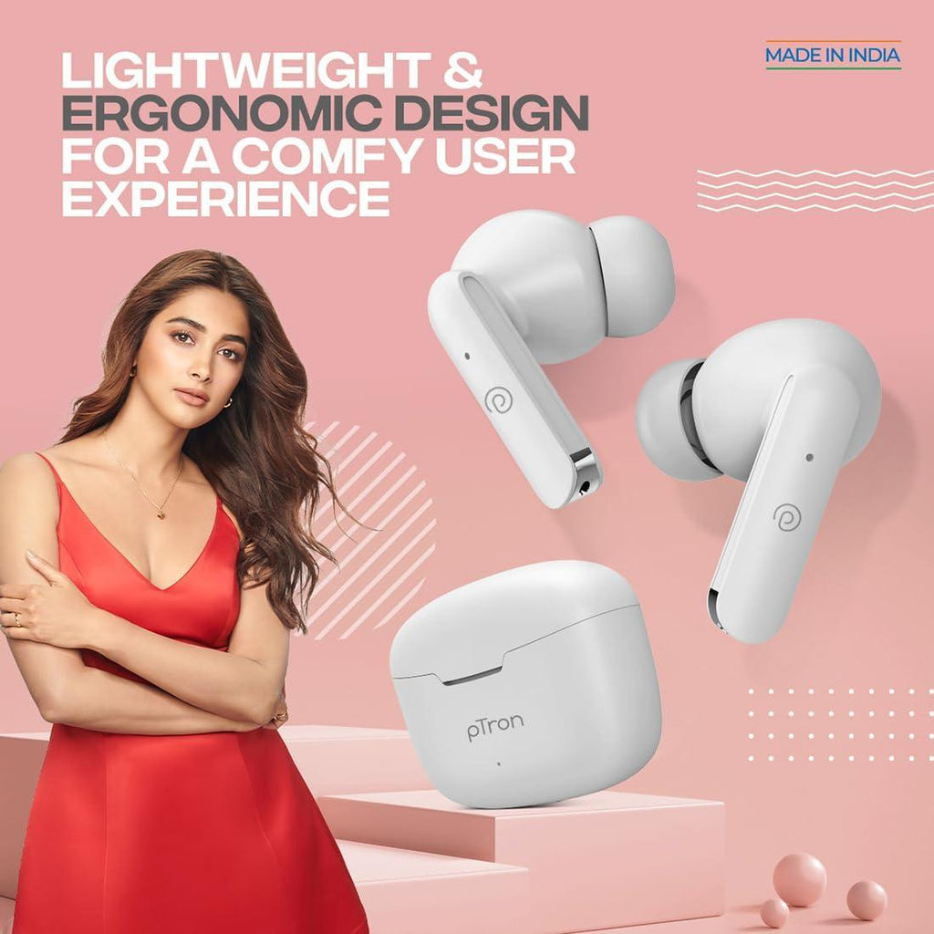 pTron Bassbuds Duo in Ear Earbuds with 32Hrs Total Playtime, Bluetooth 5.1 Wireless Headphones, Stereo Audio, Touch Control TWS, with Mic, Type-C Fast Charging, IPX4 & Voice Assistance (White) - Triveni World