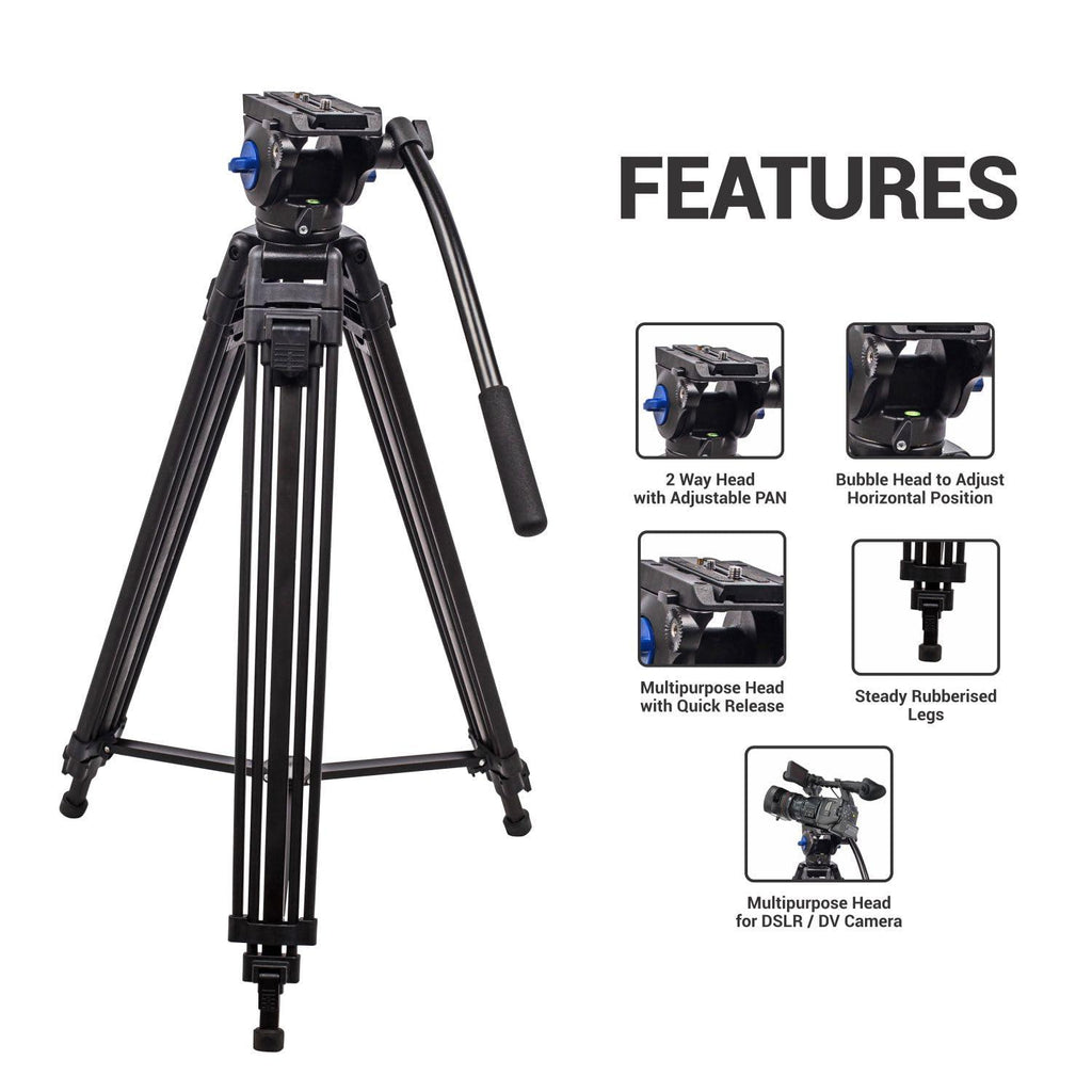 DIGITEK® (DPTR 601 VD) 160CM Professional Heavy Duty Tripod with 2-Way Pan Head & Rubberized Leg, 15kg Max Load, Lightweight 3.1kg, 3-Section Adjustment, Idea for DSLR, Digital Video Cameras