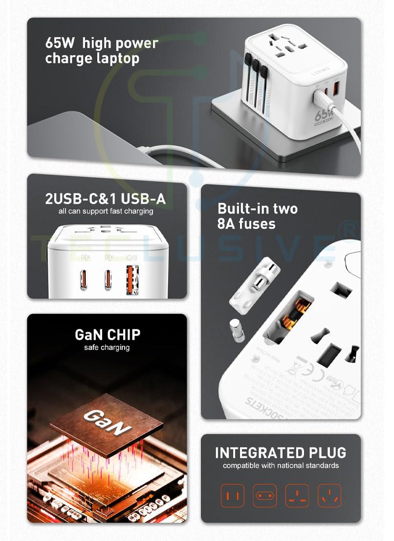 T Teclusive Universal Charger Adapter with Type C USB 65W Gan Charger | Worldwide Travel Adapter Converter Multi Socket Plug with PD QC Super Fast Charging | 2000w International Travel Charger Plug