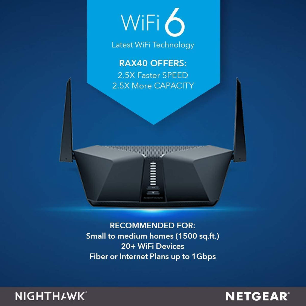 Netgear Nighthawk AX4 4-Stream WiFi 6 Router (RAX40) - AX3000 Wireless Speed (up to 3Gbps) | Coverage for Small-to-Medium Homes | 4 x 1G Ethernet and 1 x 3.0 USB Ports, dual_band, Black