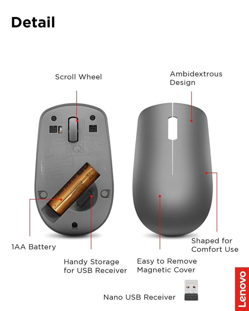 Lenovo 530 Wireless Mouse (Graphite): Ambidextrous, Ergonomic Mouse, Up to 8 Million clicks for Left and Right Buttons, Optical Sensor 1200 DPI, 2.4 GHz Wireless Technology via Nano USB Receiver