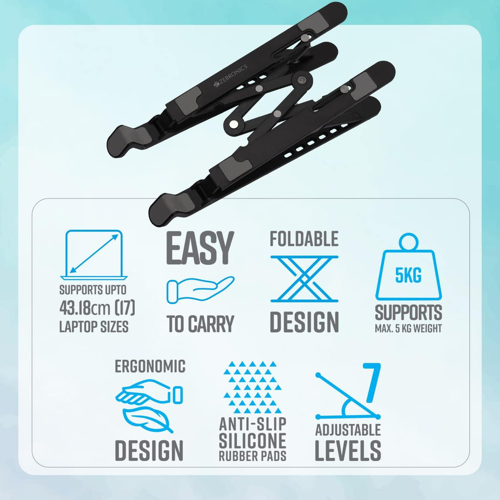 Zebronics-NS1500 Laptop Stand Featuring Foldable Design, Anti-Slip Silicone Rubber Pads, Supports Maximum of 5kgs Weight Tabletop