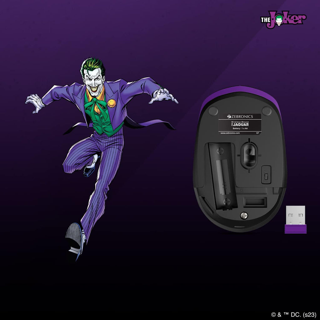 ZEBRONICS DC Joker Edition Jaguar Silent Wireless Mouse for Computer, Laptop with 1600 DPI max, Switch Control, Power ON/Off, Plug & Play Usage, 2.4GHz Nano Receiver and Lightweight