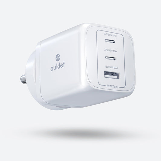 Auklet 3-in-1 65W Compact Gan Wall Mount Chargers,2 Type C Ports, 1 Type A Port,Fast Charging,Compatible with Laptops,Mac, iPhone 15,Samsung Galaxy & Andriod Mobiles with Type C Connectivity (White)