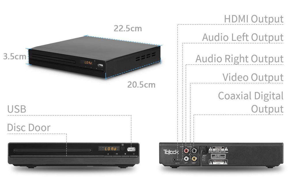 Tojock DVD Player with HDMI AV Output, DVD Player for TV, Contain HD with AV Cable/ Remote Control/ USB Input, All Region Support Home DVD Players, Tojock