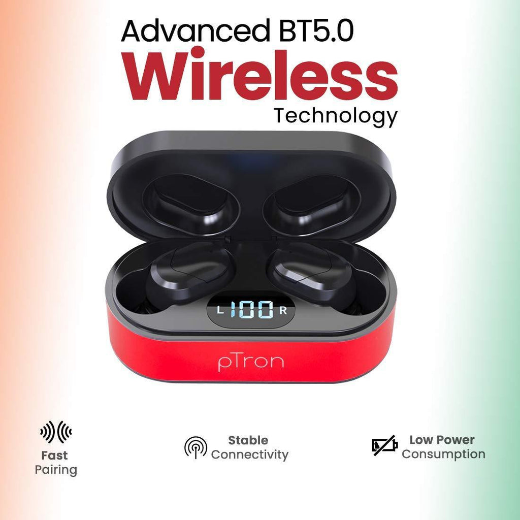 pTron Bassbuds Plus in Ear True Wireless Stereo Earbuds with Mic, Deep Bass Bluetooth Headphones, Voice Assistance, IPX4 Sweat & Water Resistant TWS, 12Hrs Battery & Fast Charge (Red & Black) - Triveni World