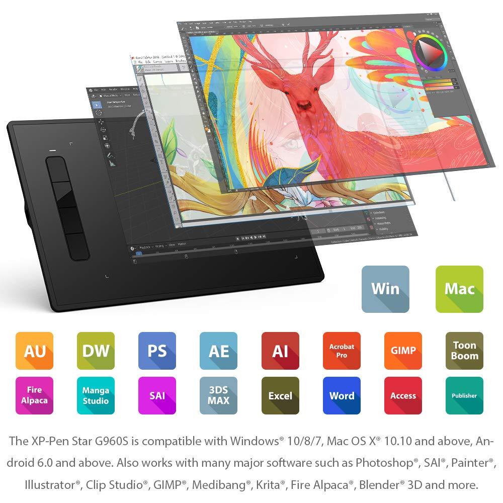 XP-PEN XP PEN Star G960S Graphics Tablet 22.86 cm x 15.24 cm (9 x 6 Inch) Pen Tablet with 8192 Levels Pressure Sensitivity Battery-Free Stylus, 4 Customizable Shortcut Keys & Android Support, Black