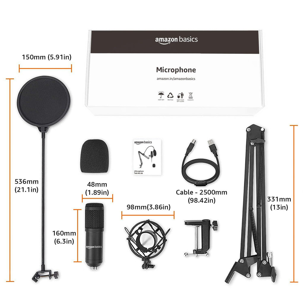 Amazon Basics Condenser USB Microphone Kit with Adjustable Scissor Arm Stand | Shock Mount for PC and Mac