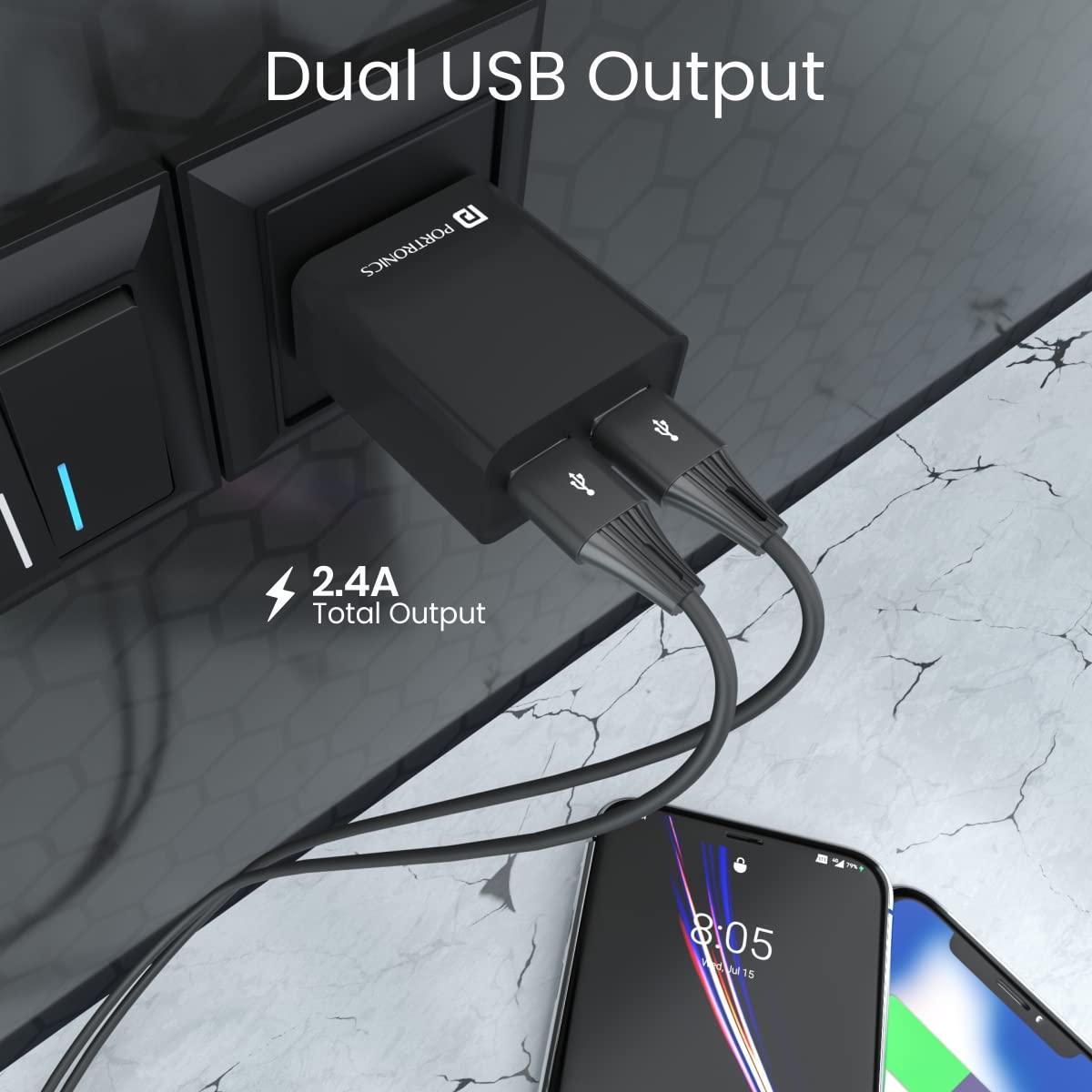 Portronics Adapto 66 2.4A 12w Dual USB Port 5V/2.4A Wall Charger,Comes with 1M Micro USB Cable, USB Wall Charger Adapter for iPhone 11/Xs/XS Max/XR/X/8/7/6/Plus, iPad Pro/Air 2/Mini 3/Mini 4, Samsung S4/S5, and More (Black)