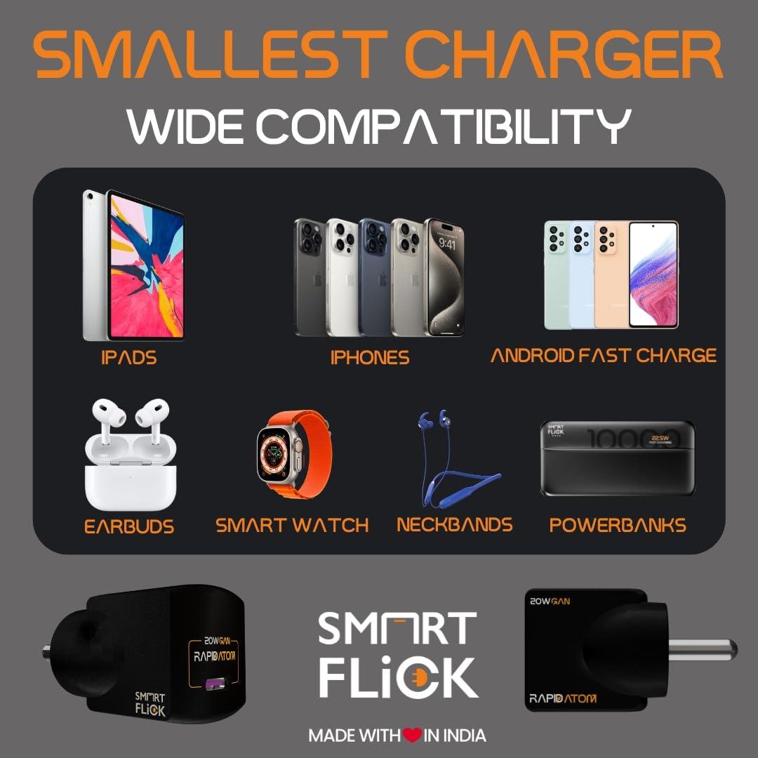 Smart Flick Rapid Atom India's Smallest 20W GaN Wall Charger with Type C PD & PPS Support, Fast Charging Output Port, Compatible with iPhone 15/14/13/12/Pro/Max Series, Type C Enabled Devices (Black)