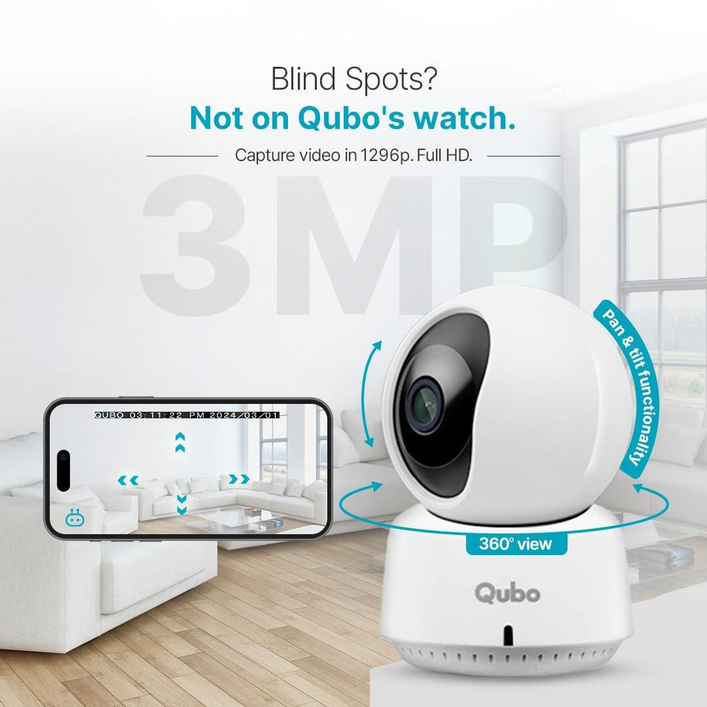 QUBO Smart 360 3MP 1296p WiFi CCTV Security Camera from Hero Group | Mobile App | Two Way Talk | Night Vision | Cloud & SD Card Recording | Made in India | Alexa & OK Google | 1TB SD Card Support