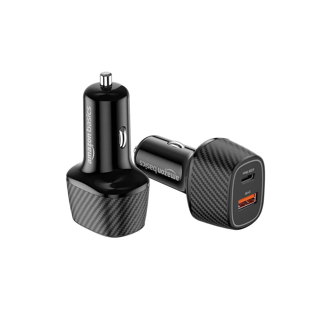 amazon basics - Car Charger with Dual Output | Charging | Compatible with All Smartphones, Ipad, Tablets, Macbooks | 69W | Black, USB, Black