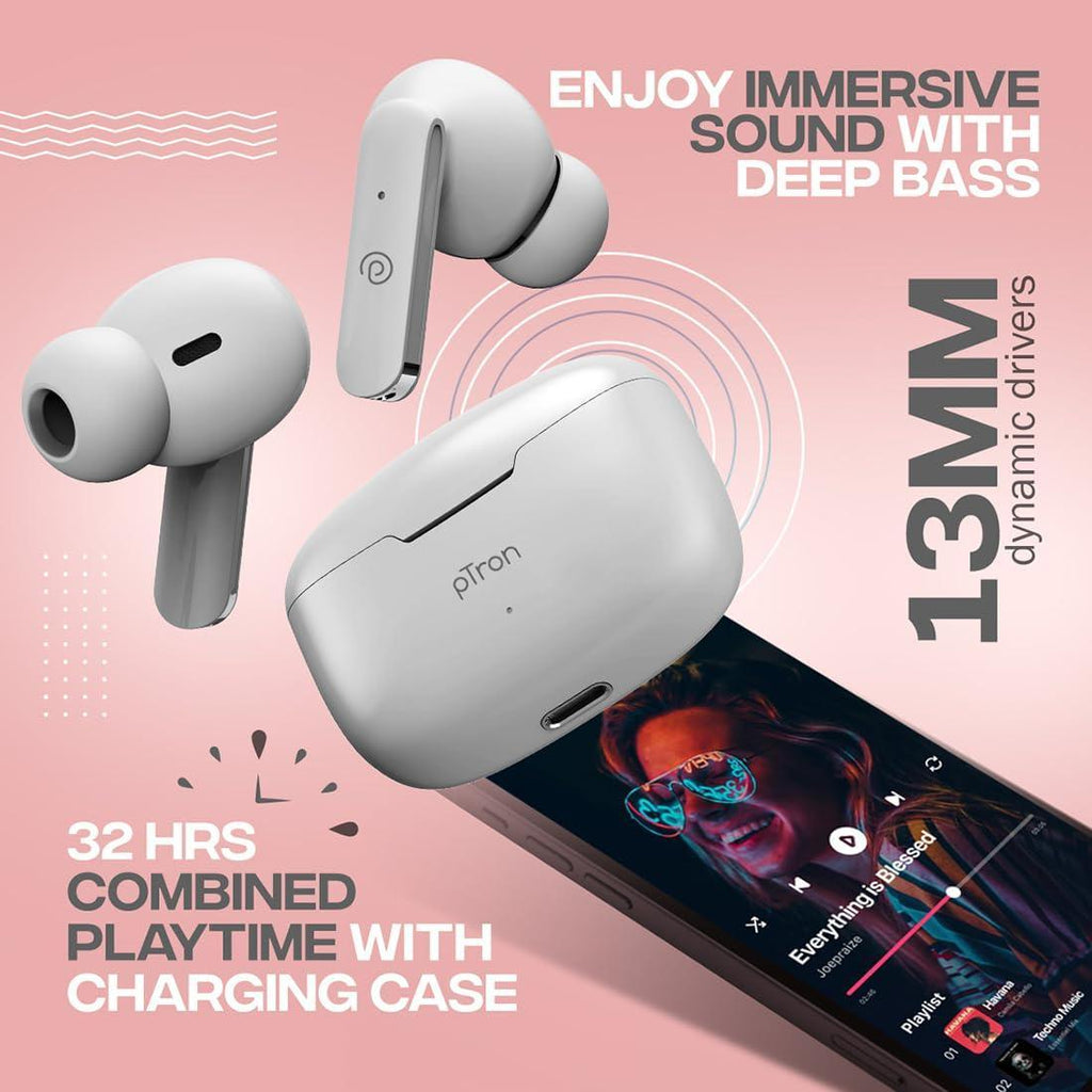 pTron Bassbuds Duo in Ear Earbuds with 32Hrs Total Playtime, Bluetooth 5.1 Wireless Headphones, Stereo Audio, Touch Control TWS, with Mic, Type-C Fast Charging, IPX4 & Voice Assistance (White) - Triveni World