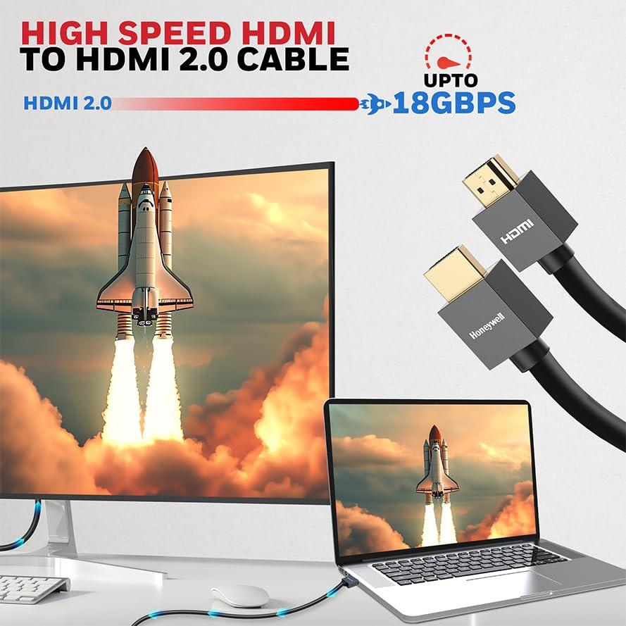 Honeywell HDMI Cable v2.0 with Ethernet, 3D/4K@60Hz Ultra HD Resolution, 5 Mtr, 18 GBPS Transmission Speed, High Speed, Compatible with all HDMI Devices Laptop Desktop TV Set-top Box Gaming Console