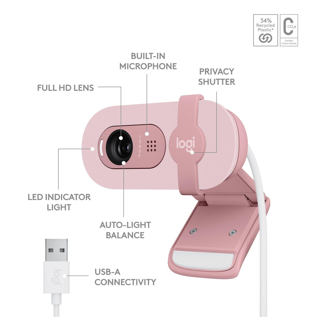 Logitech Brio 100 Full HD Webcam for Meetings and Streaming, Auto-Light Balance, Built-in Mic, Privacy Shutter, USB-A, for Microsoft Teams, Google Meet, Zoom and More- Rose