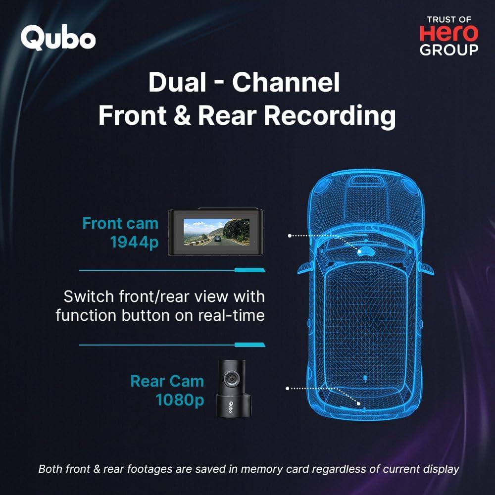 Qubo Car Dash Cam 3K Dual Channel from Hero Group, SONY STARVIS IMX335 Sensor, 3K 5MP Front QHD 2MP Rear FHD, 140° View, 3.2" LCD Display, GPS Logger, Emergency Recording, Supports Up to 1 TB SD Card