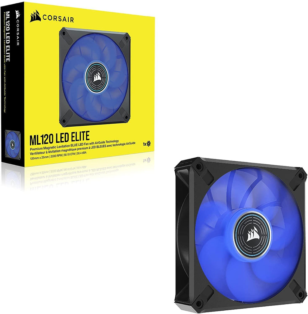 CORSAIR ML120 LED Elite, 120mm Magnetic Levitation Blue LED Fan with AirGuide, Single Pack, Black