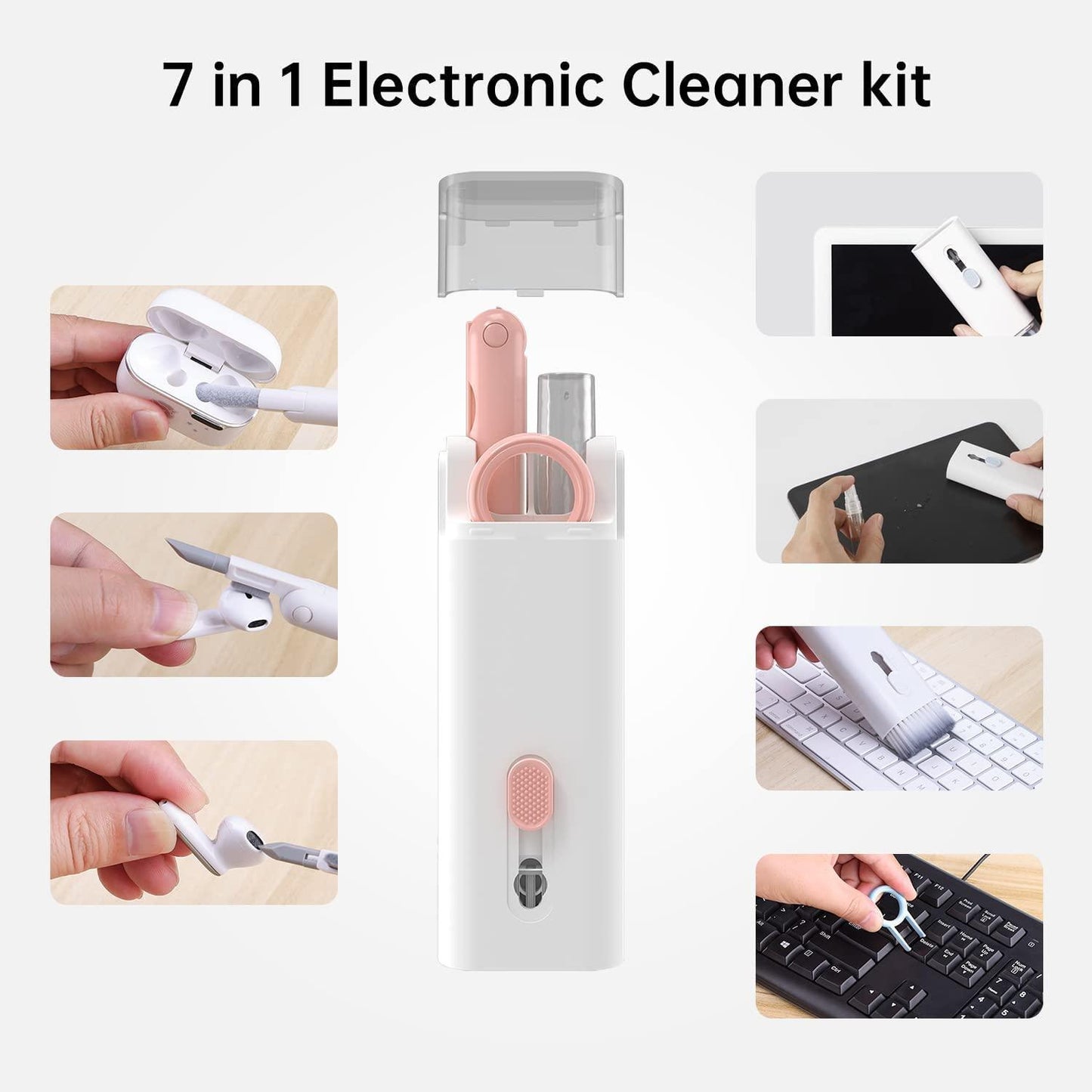 TSEB ENTERPRISE 7 in 1 Electronic Cleaner kit, Cleaning Kit for Monitor Keyboard Airpods, Screen Dust Brush Including Soft Sweep, Swipe, Airpod Cleaner Pen, Key Puller and Spray Bottle(Multi)