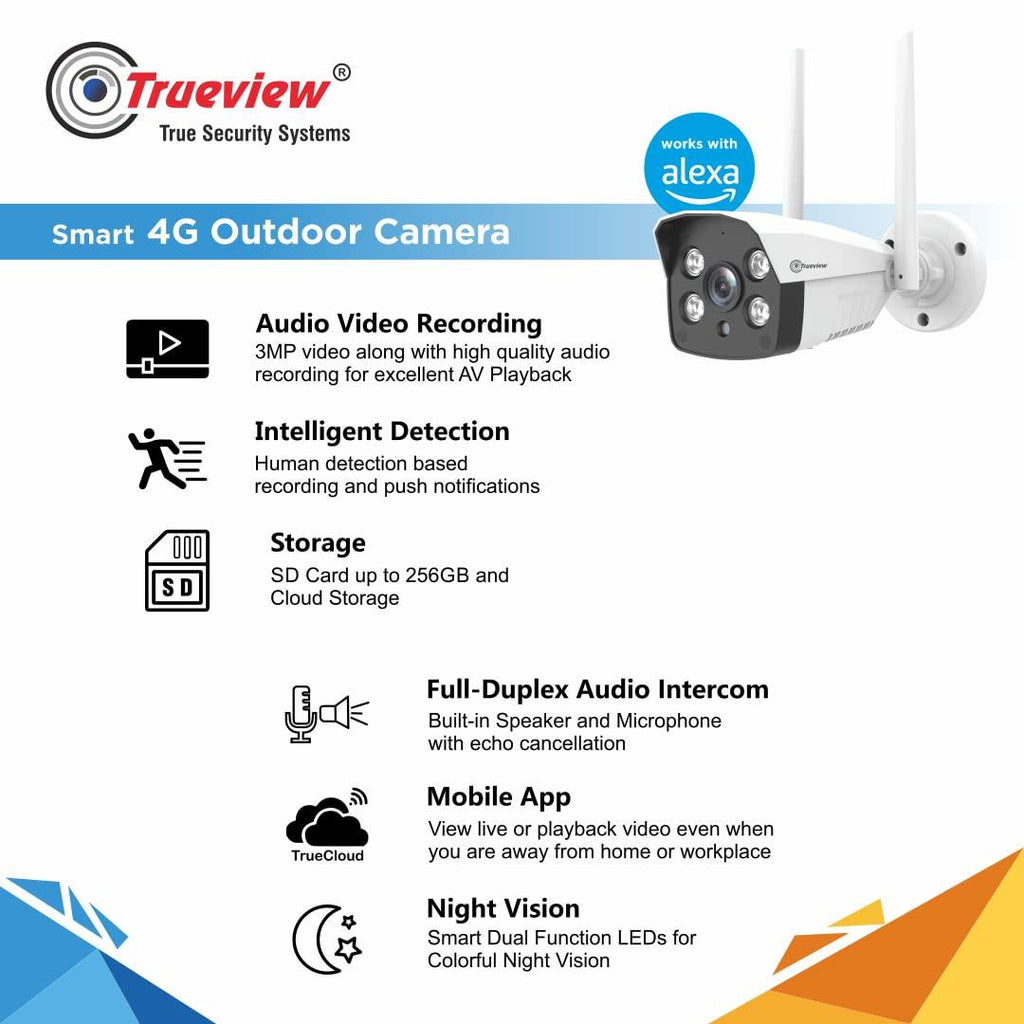 Trueview 3mp All Time Color 4G Sim Based Bullet CCTV Security Camera for Home, Shop, Office, Farm, and Construction Site | IP66 Waterproof Rating