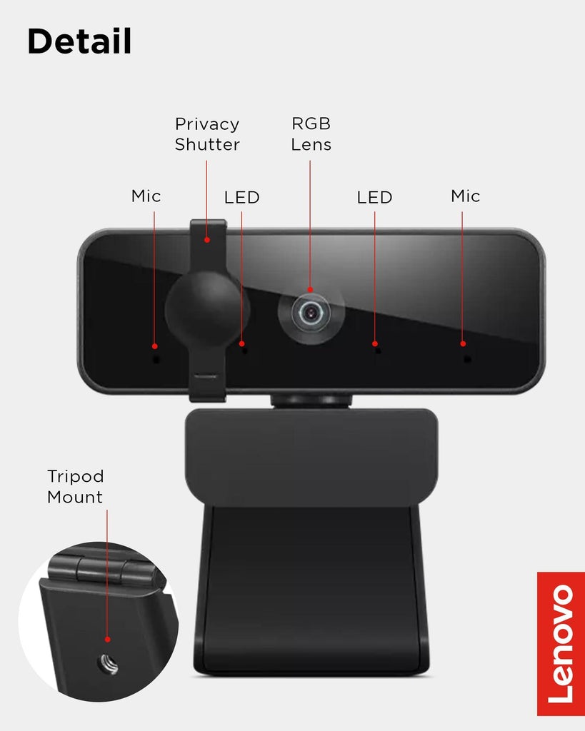 Lenovo FHD Webcam with Full Stereo Dual Built-in mics | FHD 1080P 2.1 Megapixel Digital CMOS Camera |Wide 95 Lens| 360 Rotation | Flexible Mount (4XC1B34802), Black