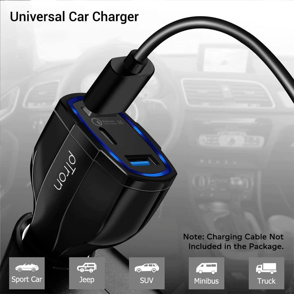 pTron Bullet Pro 36W Type-C/PD 3 Port Fast Car Charger Adapter, Compatible with All Smartphones, Tablets & Other USB Powered Devices (Black)