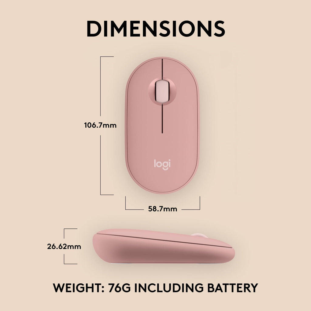 Logitech Pebble Mouse 2 M350s Slim Bluetooth Wireless Mouse, Portable, Lightweight, Customisable Button, Quiet Clicks, Easy-Switch for Windows, macOS, iPadOS, Android, Chrome OS - Tonal Rose