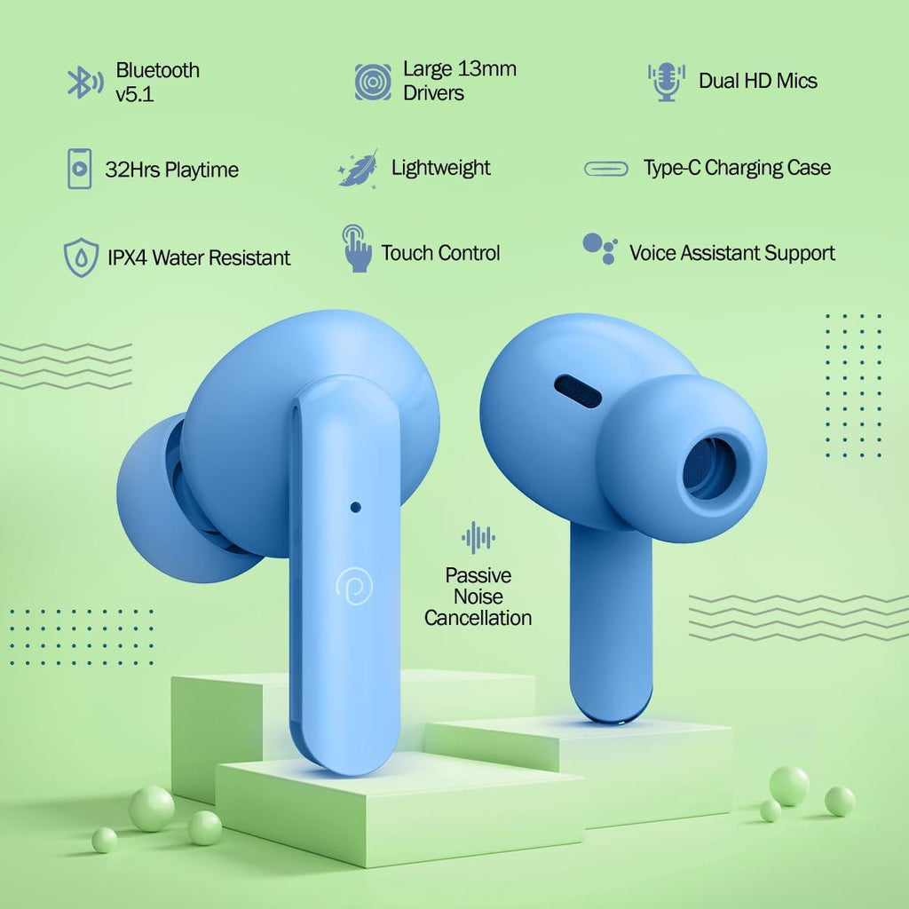 pTron Bassbuds Duo in-Ear Wireless Earbuds, Immersive Sound, 32Hrs Playtime, Clear Calls TWS Earbuds, Bluetooth V5.1 Headphone, Type-C Fast Charging, Voice Assist & IPX4 Water Resistant (Blue Matt) - Triveni World