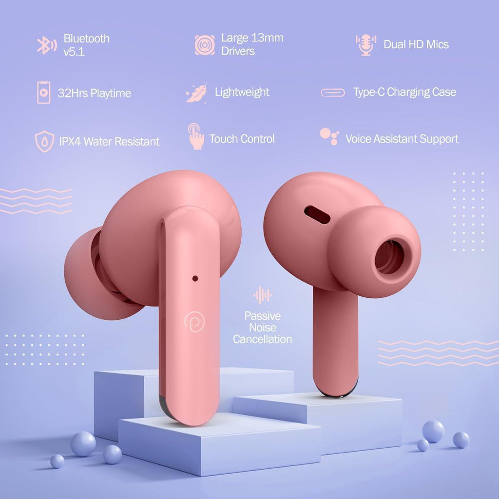 pTron Bassbuds Duo In-Ear Wireless Earbuds, Immersive Sound, 32Hrs Playtime, Clear Calls TWS Earbuds, Bluetooth V5.1 Headphone,Type-C Fast Charging, Voice Assist & IPX4 Water Resistant (Flamingo Pink) - Triveni World