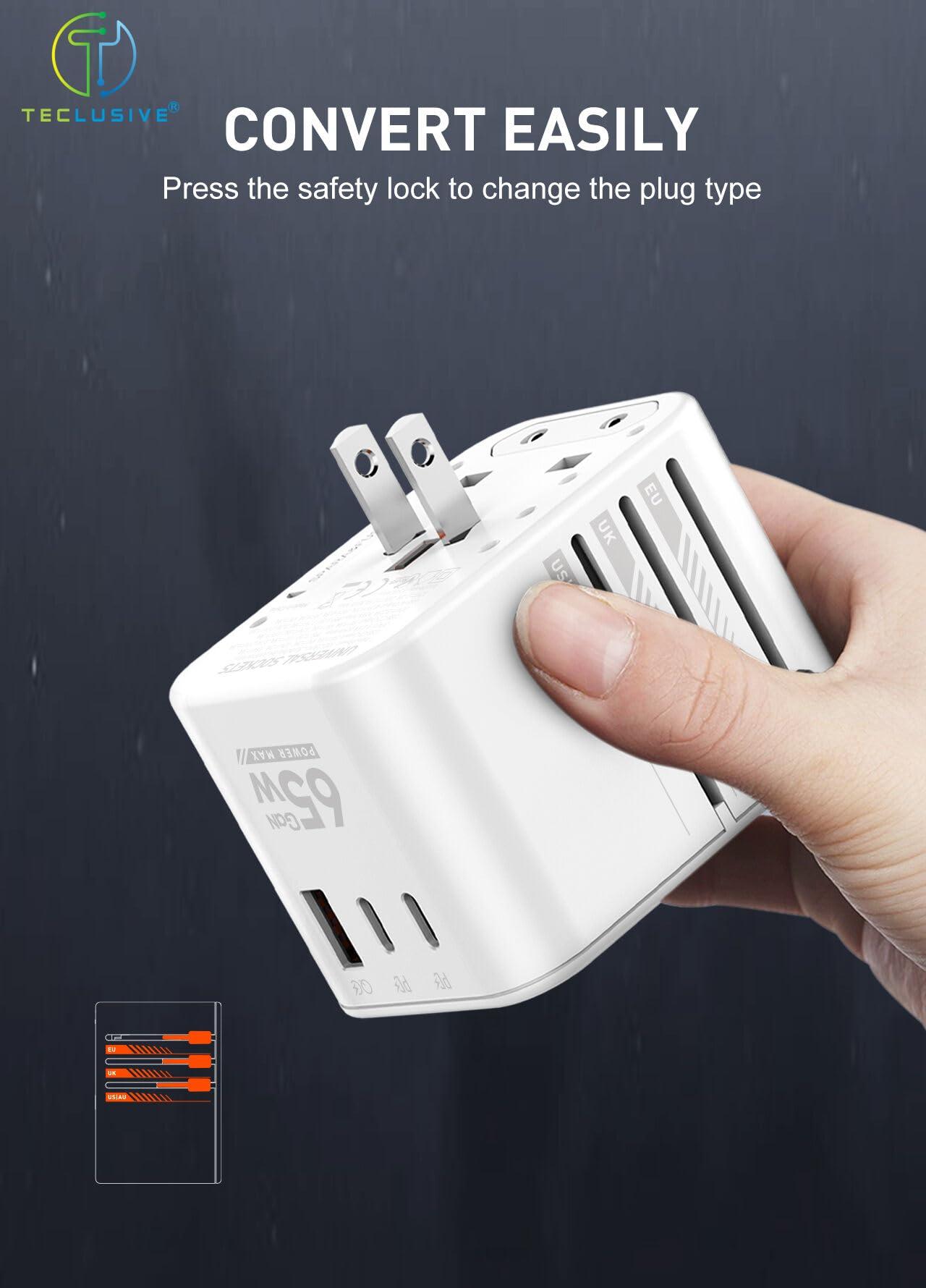 T Teclusive Universal Charger Adapter with Type C USB 65W Gan Charger | Worldwide Travel Adapter Converter Multi Socket Plug with PD QC Super Fast Charging | 2000w International Travel Charger Plug