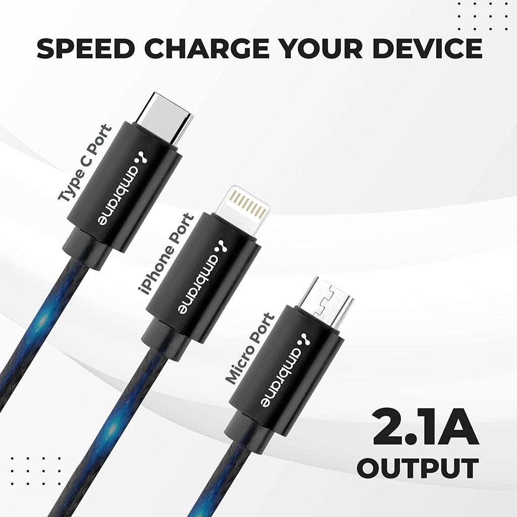 Ambrane Unbreakable 3 in 1 USB Fast Charging Cable with Type C, Lightning, Micro USB Port with 2.1 A, Compatible with iPhone, iPad, Samsung, OnePlus, Mi, Oppo, Vivo, Xiaomi, 1.25M (Trio-11, Black)