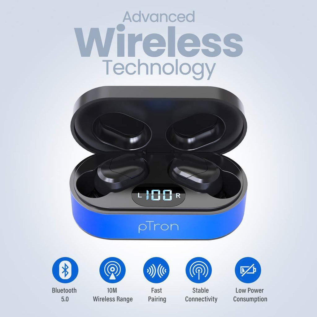 pTron Bassbuds Plus in Ear True Wireless Stereo Earbuds with Mic, Deep Bass Bluetooth Headphones, Voice Assistance, IPX4 Sweat & Water Resistant TWS, 12Hrs Battery & Fast Charge (Blue & Black) - Triveni World