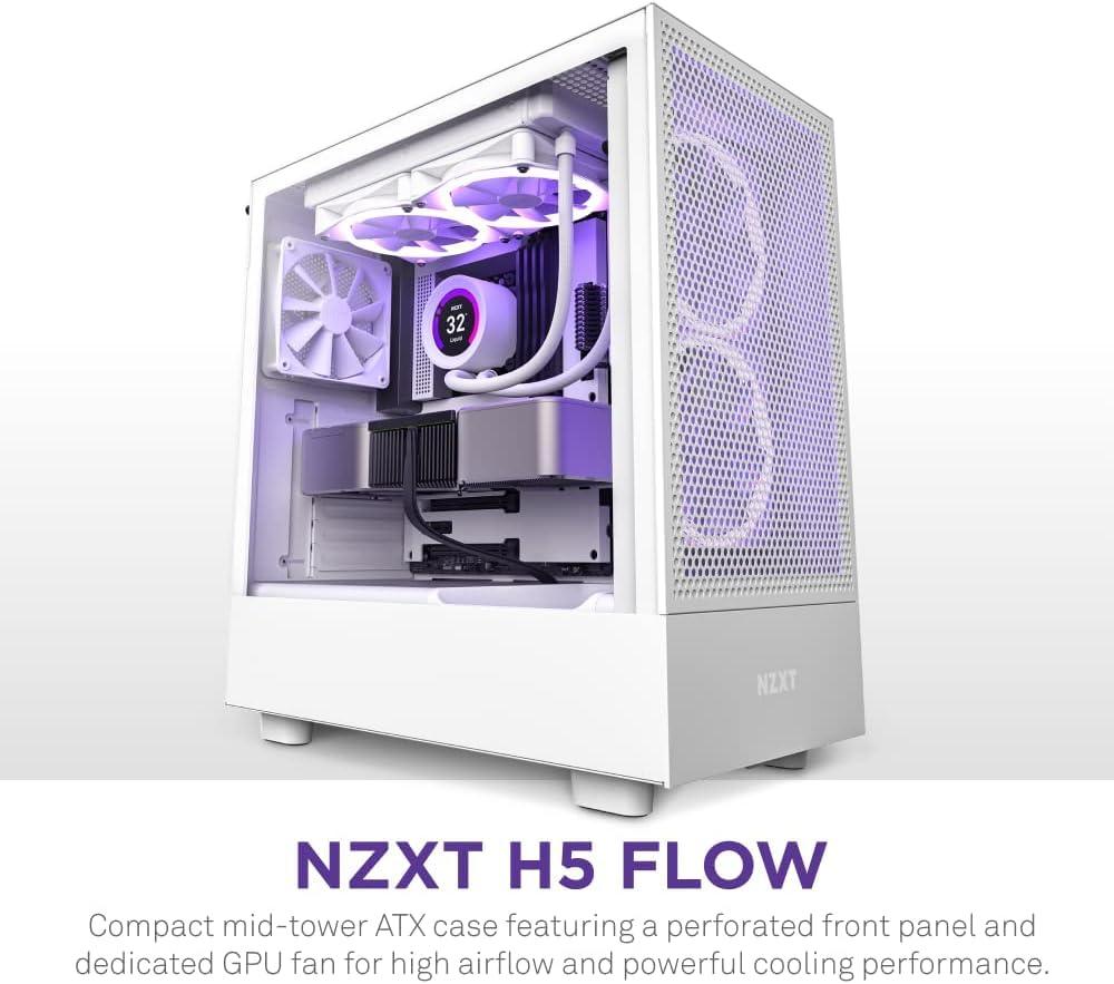 NZXT H5 Flow Compact Mid-Tower Airflow Alloy Steel Computer Case/Gaming Cabinet, Supports Mini-ITX, Micro-ATX, ATX, and EATX | 1 x 120mm Rear Fan and 1 x 120mm Bottom Fan - CC-H51FW-01, White