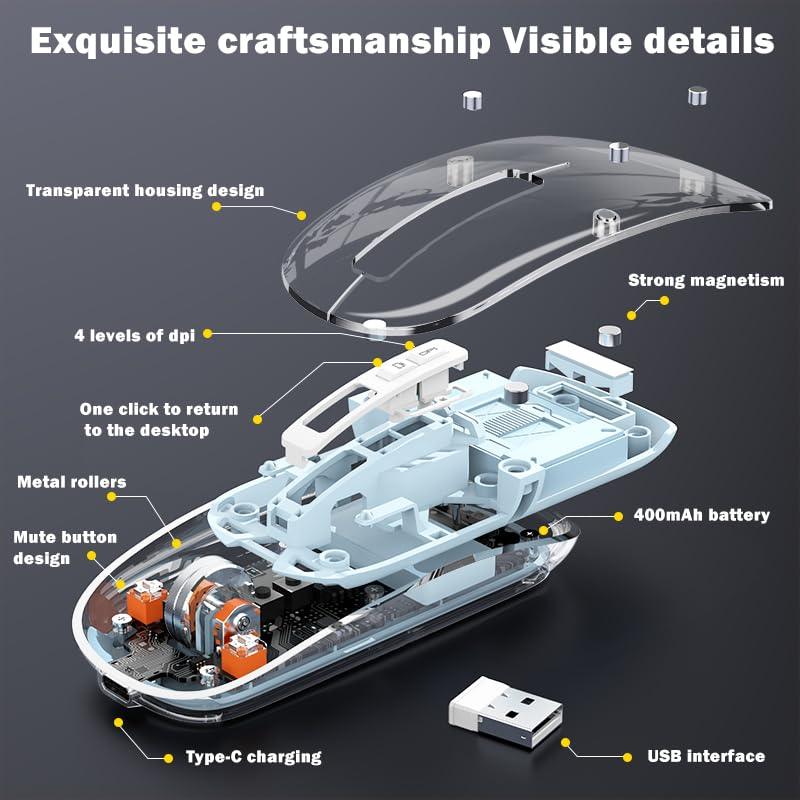 Arctic Fox Pureview Transparent Wireless and Bluetooth Rechargeable Mouse, USB Receiver,LED Battery Magic Silm for Office/PC/Mac/Laptop/Apple/ipad(Space Gray)