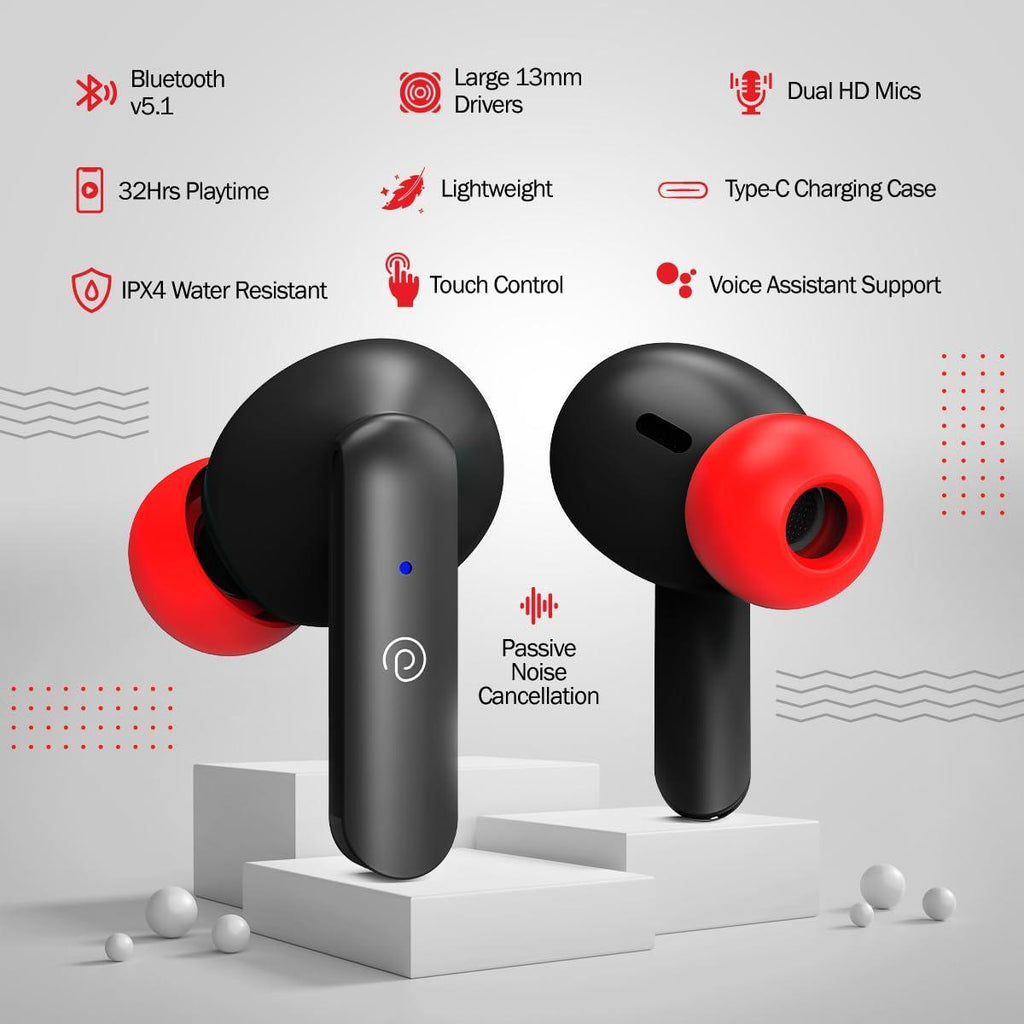 pTron Bassbuds Duo in-Ear Wireless Earbuds, Immersive Sound, 32Hrs Playtime, Clear Calls TWS Earbuds, Bluetooth V5.1 Headphone, Type-C Fast Charging, Voice Assist & IPX4 Water Resistant (Black & Red) - Triveni World