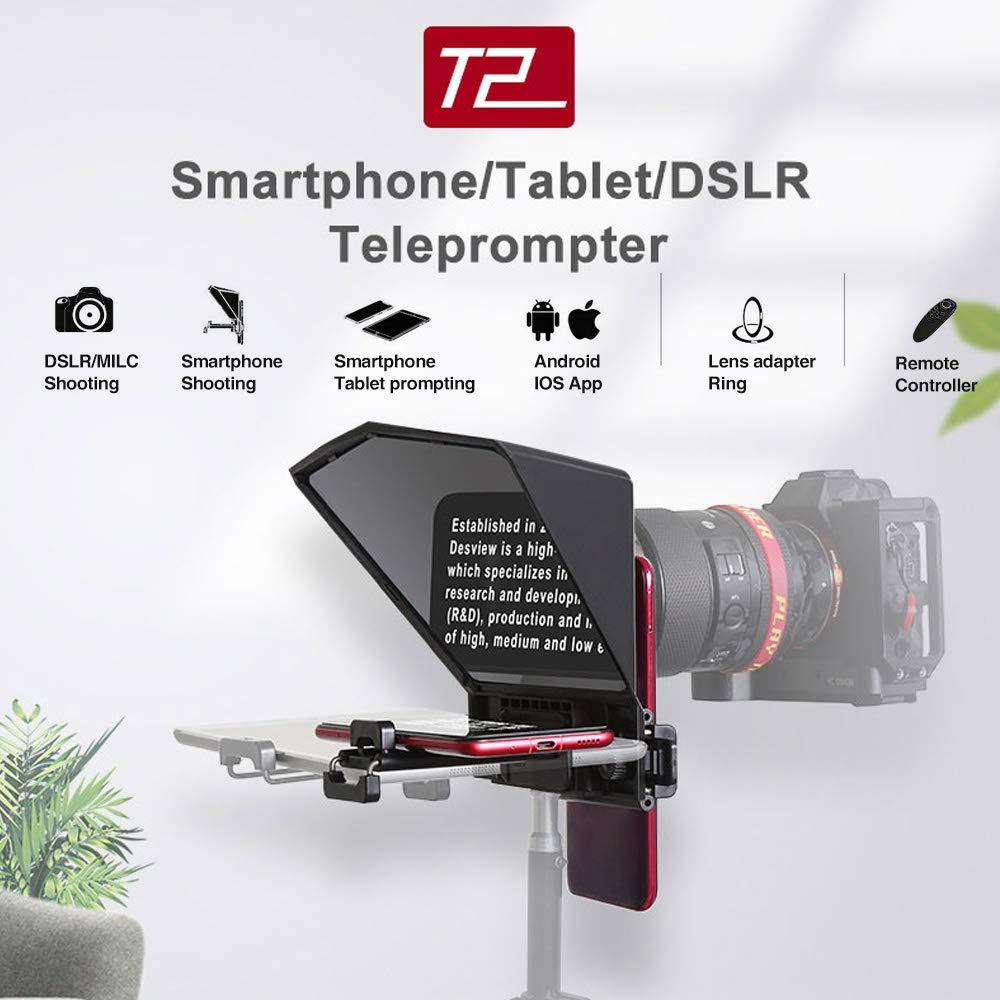 Desview T2 Portable Teleprompter Kit With Lens Adapter Ring, Remote Controller, For Smartphone/Tablet/Dslr Camera Video Recording Interview Presentation - Black