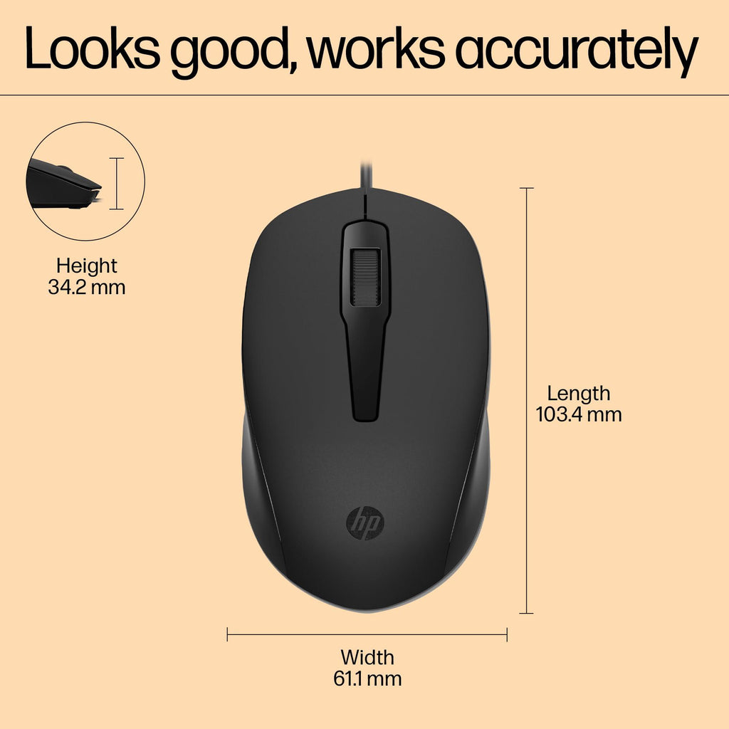 HP 150 Wired Mouse- Elegant Ergonomic Design, 1600 DPI Optical Tracking, USB Plug & Play / 3 Years Warranty (240J6AA), Black