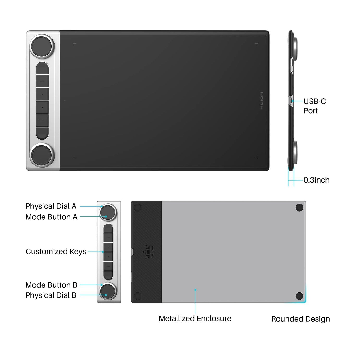 HUION Inspiroy Dial 2 Bluetooth Wireless Graphics Drawing Tablet with Dual Dials,6 Progammable Shortcut Keys,Battery-Free Digital Pen PW517 for Mac，Windows PC, Linux and Android