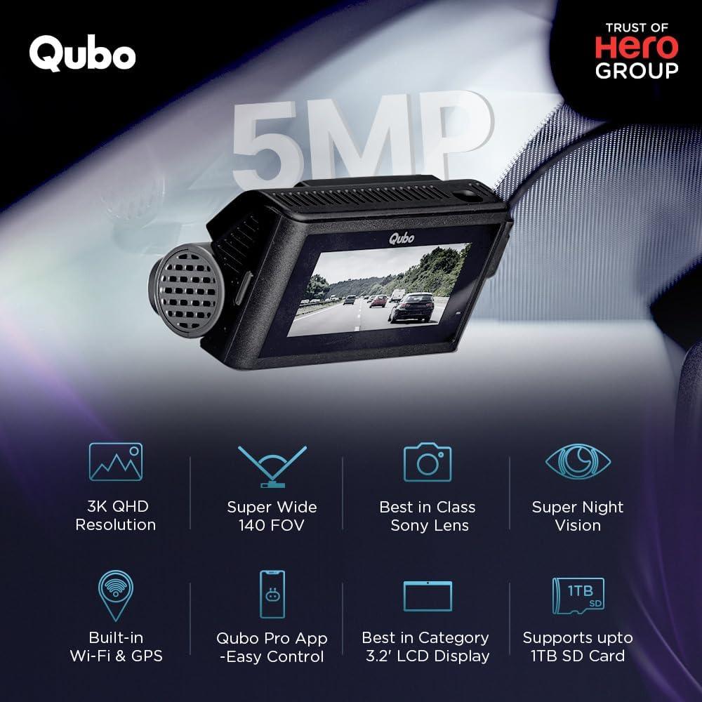 Qubo Car Dash Cam 3K Dual Channel from Hero Group, SONY STARVIS IMX335 Sensor, 3K 5MP Front QHD 2MP Rear FHD, 140° View, 3.2" LCD Display, GPS Logger, Emergency Recording, Supports Up to 1 TB SD Card