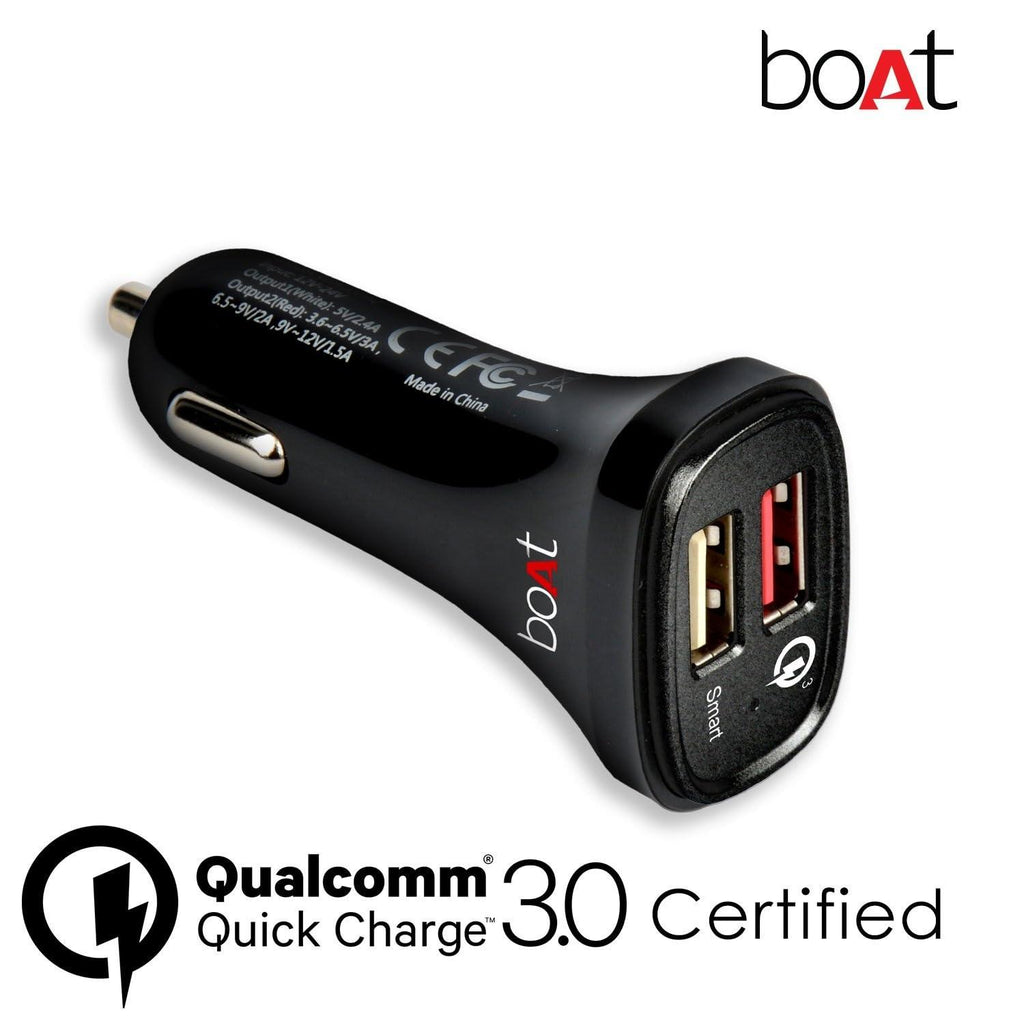 boAt Dual Port Rapid 5V Car Charger (Qualcomm Certified) Smart Charging with Quick Charge 3.0 for Cellular Phones (Black) (Free Micro USB Cable)