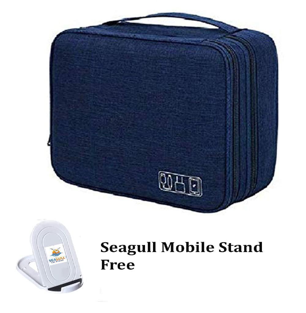 Seagull flight of fashion Double Layer Electronic Gadget Organizer Case, Cable Organizer Bag for Accessories with Mobile Stand - 27 X 20 X 9 Cm - Navy Blue - Model 1