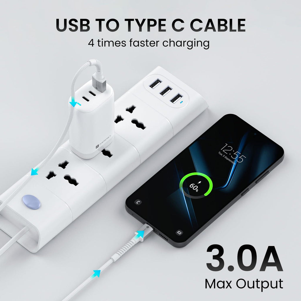 Portronics Konnect X USB to Type C Cable with 3A Output, Fast Charging & Data Transfer, Nylon Braided, Aluminium Alloy Shell, 1M Length compatible with Type C Smartphones(White)