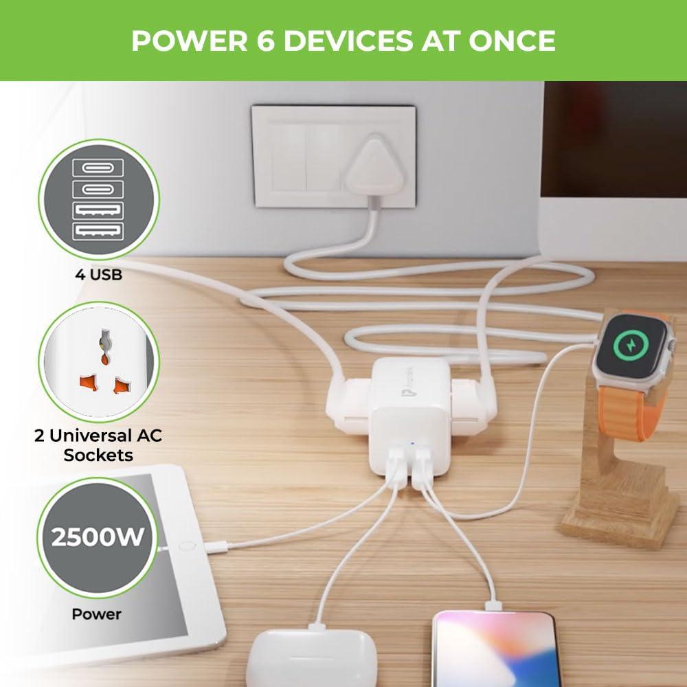 UltraProlink 65W PD GaN Fast Charger Extension Board | 2 Universal Sockets 2500W plus 2 USB-C Ports and 2 USB-A Ports QC3.0 | Surge Protector | Power Qube 65 | 2m/6.5ft Heavy Duty Cable |White|UM1165U