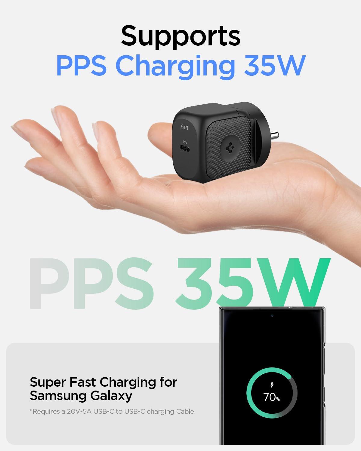 Spigen PE2300 GaN 35W Wall Charger for iPhone 16/15/14/13/12, Samsung Galaxy S24, S23, S22, Oneplus, Vivo and More - Black